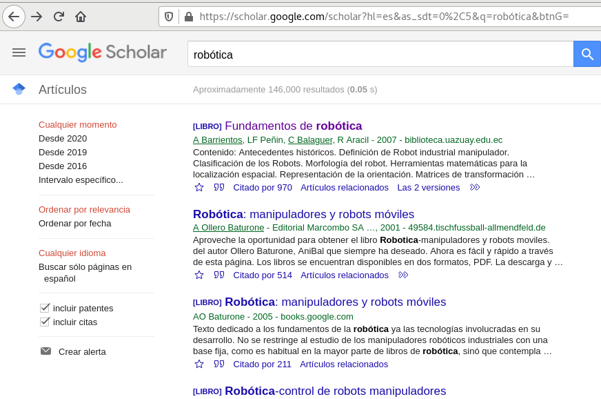 Echemos un vistazo a este buscador educativo. Veámoslo en acción. Se buscó la palabra robótica